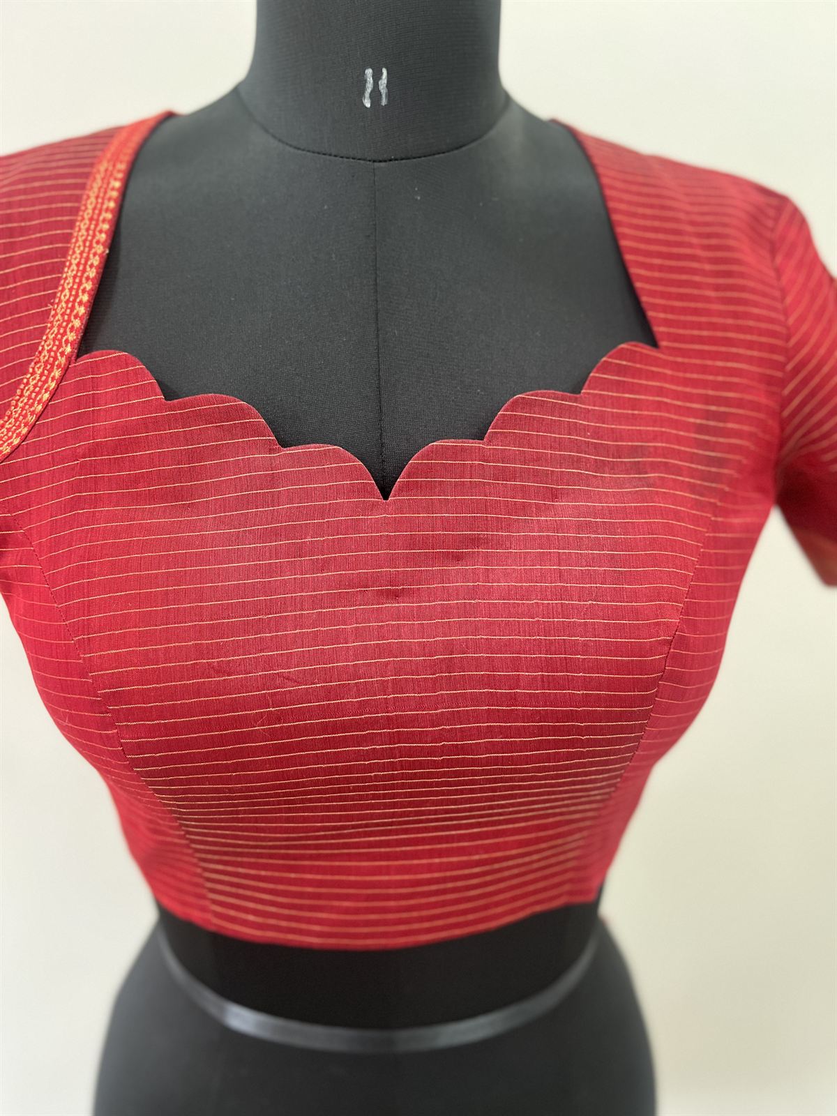 Red stripe scallop blouse